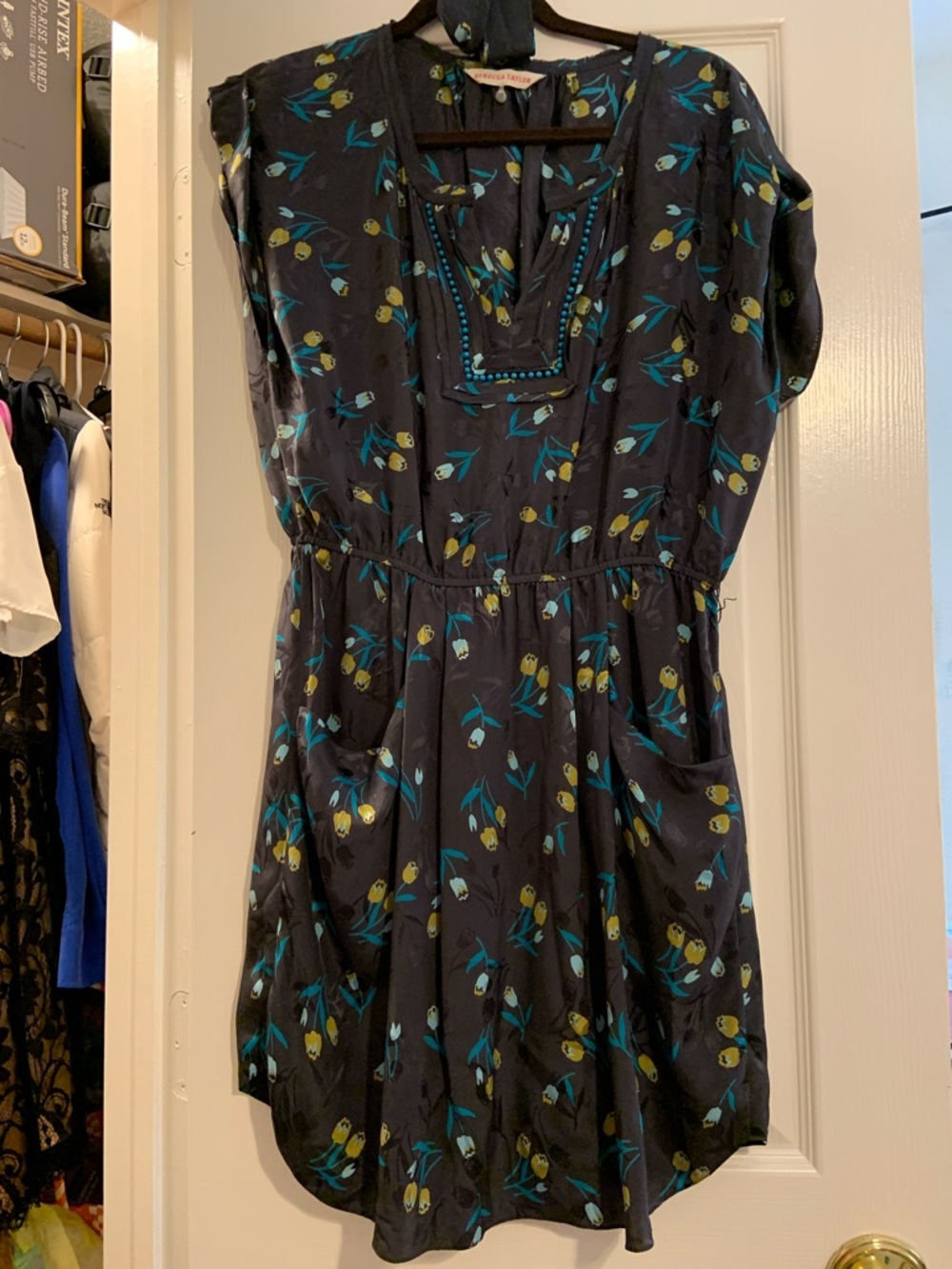 Rebecca Taylor Dark Navy Floral Tunic Dress with Teal & Mustard Accents